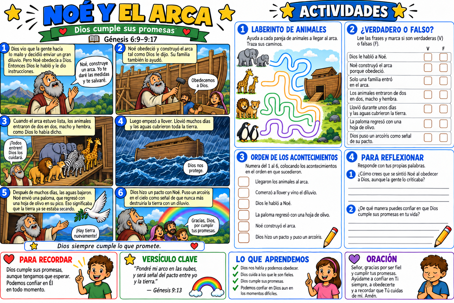Historia bíblica ilustrada y actividades sobre Noé y el Arca