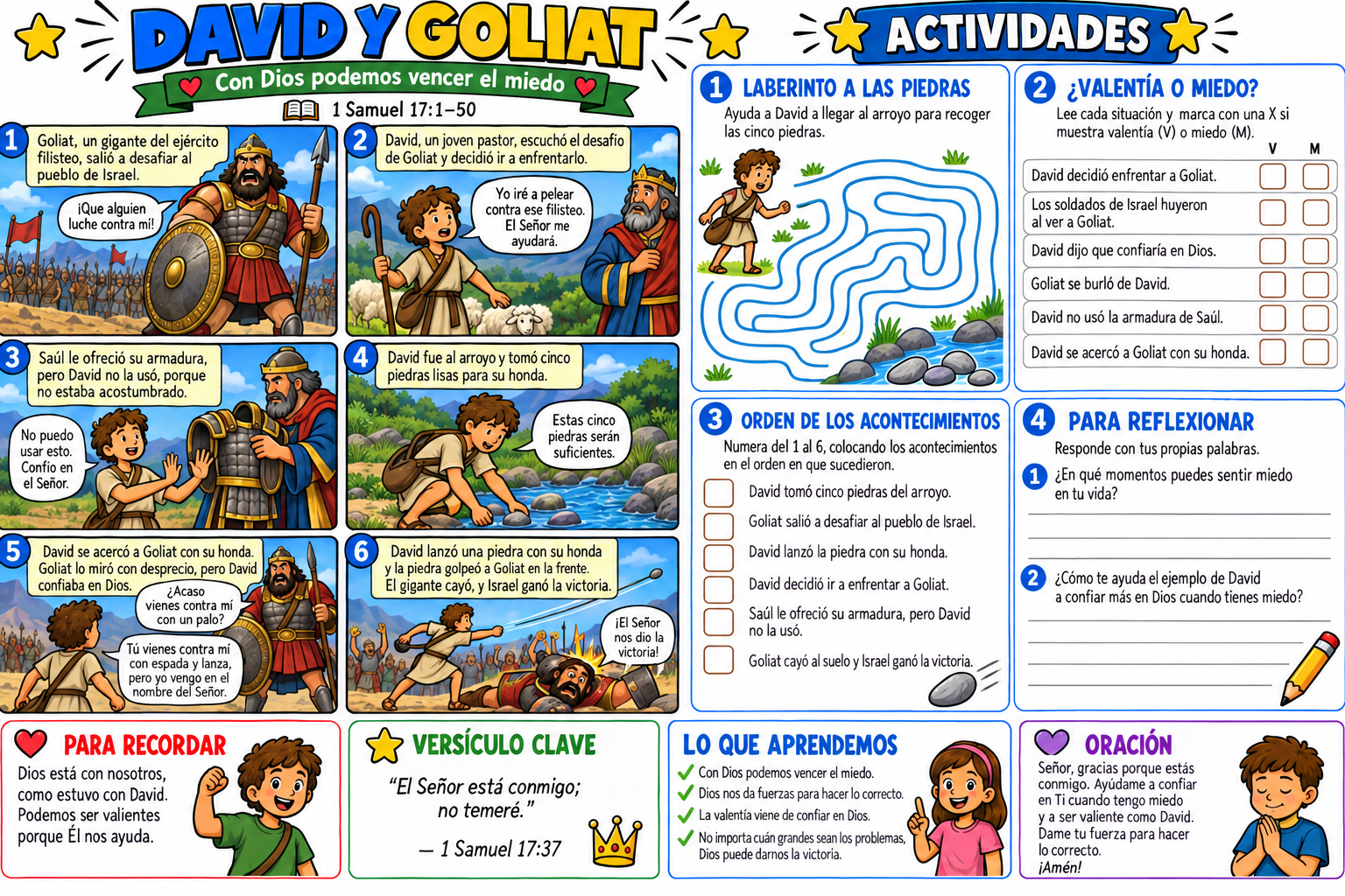 Historia bíblica ilustrada y actividades sobre David y Goliat