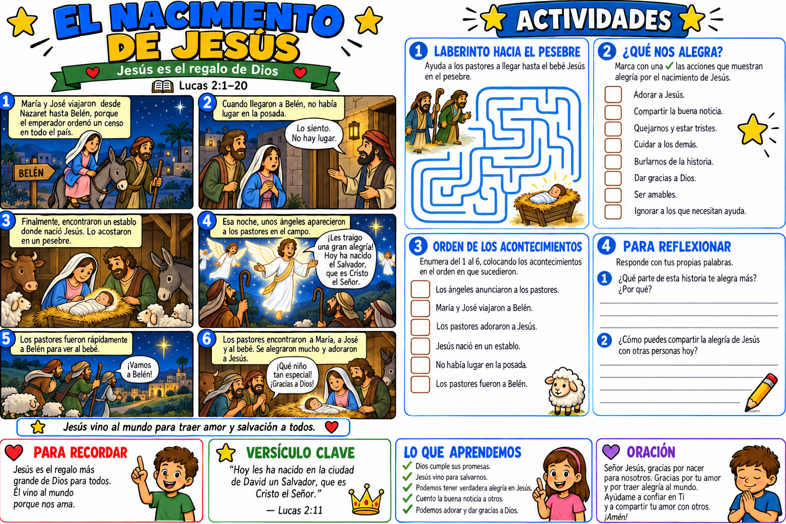 Historia bíblica ilustrada y actividades sobre el Nacimiento de Jesús