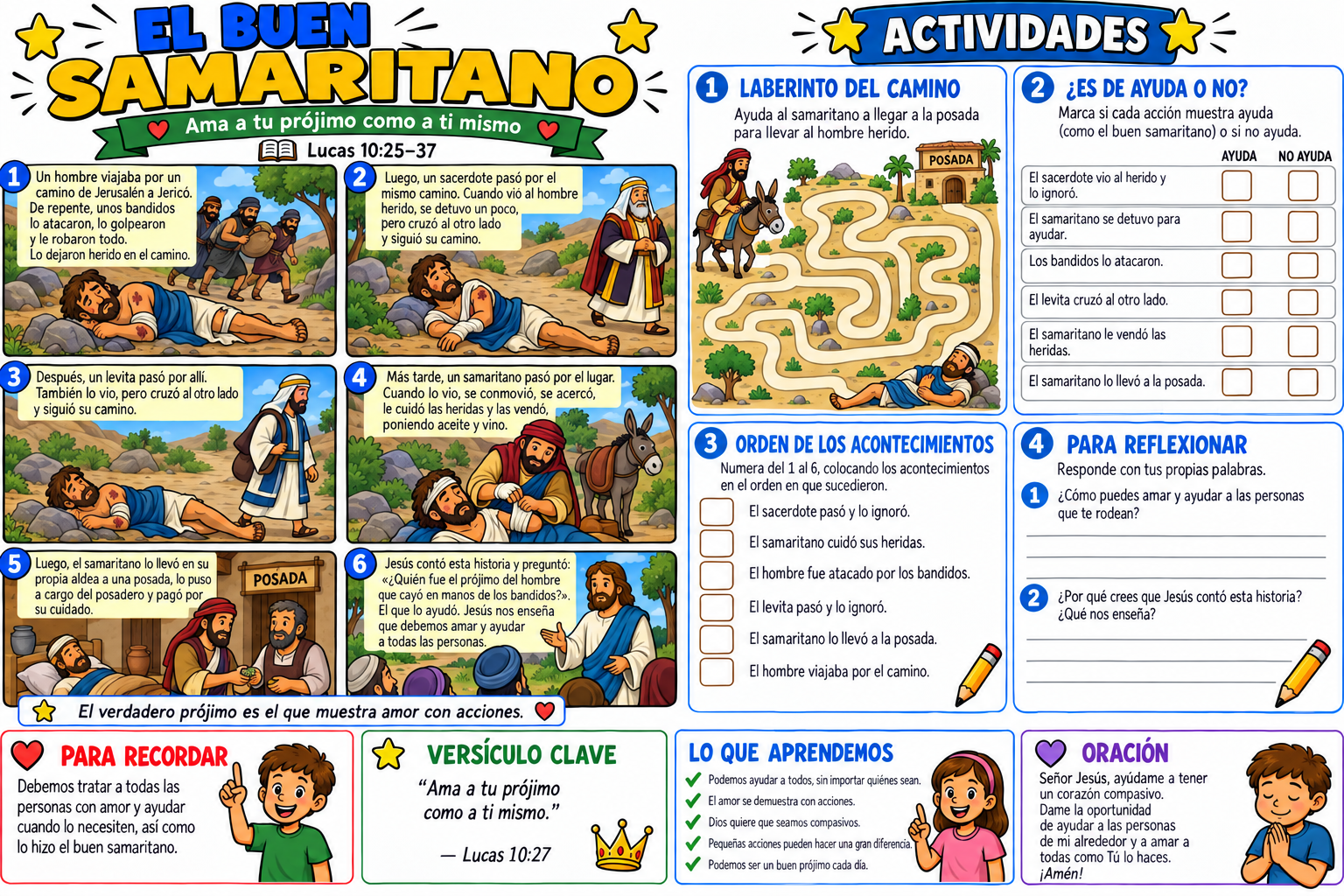 Historia bíblica ilustrada y actividades sobre el Buen Samaritano