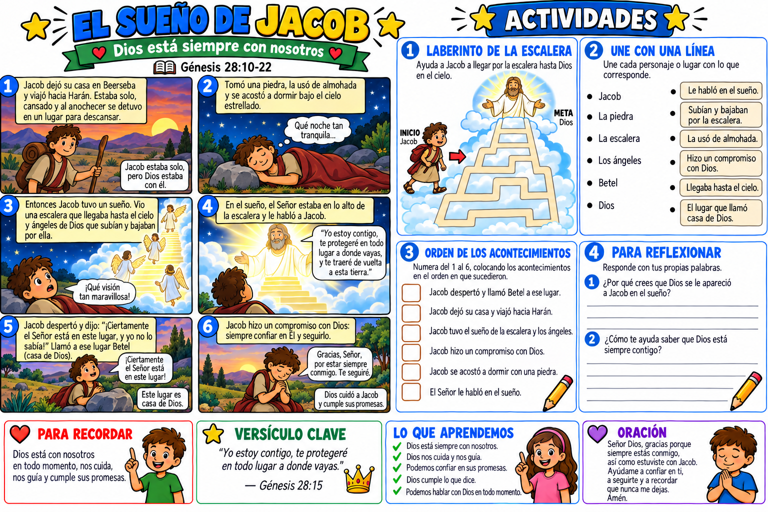 Historia bíblica ilustrada y actividades sobre el sueño de Jacob