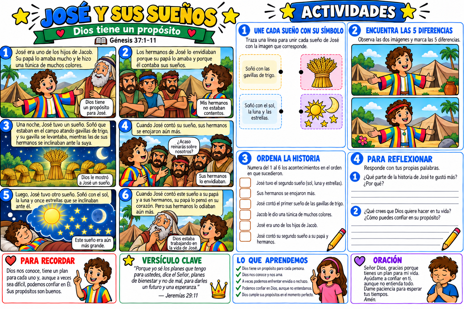 Historia bíblica ilustrada y actividades sobre José y sus sueños