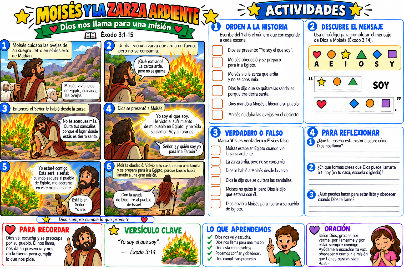 Historia bíblica ilustrada y actividades sobre Moisés y la zarza ardiente