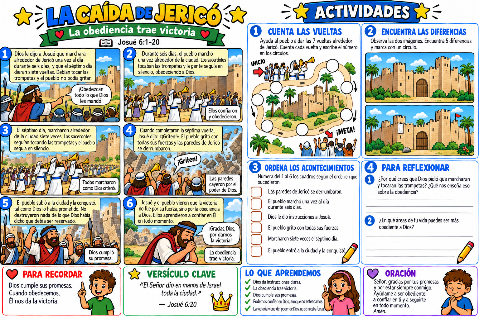 Historia bíblica ilustrada y actividades sobre la caída de Jericó