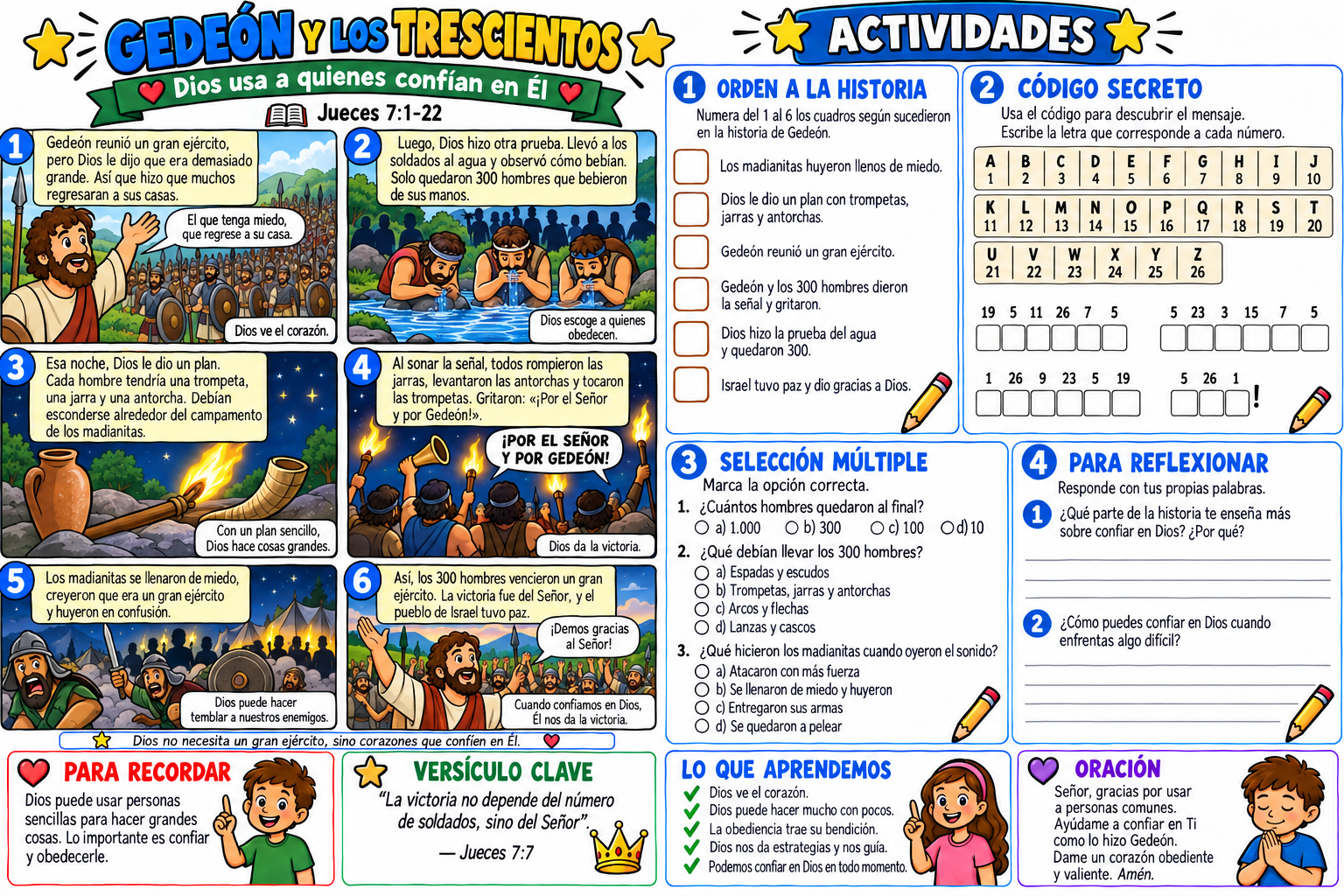 Historia bíblica ilustrada y actividades sobre Gedeón y los trescientos