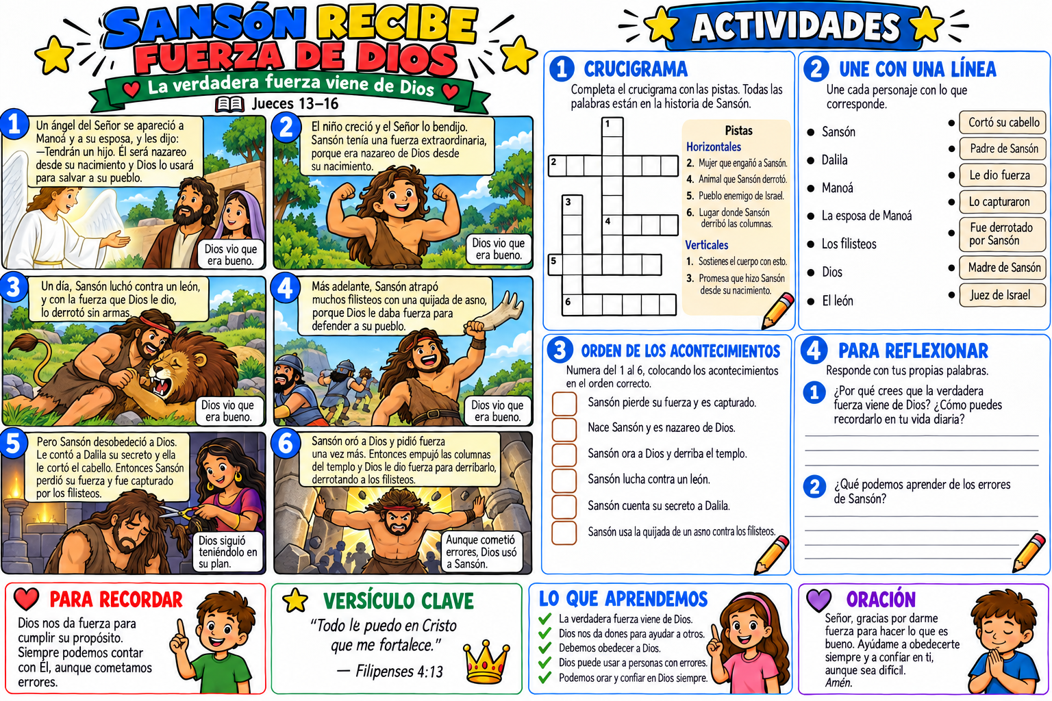 Historia bíblica ilustrada y actividades sobre Sansón