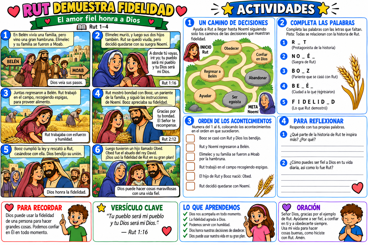 Historia bíblica ilustrada y actividades sobre la fidelidad de Rut