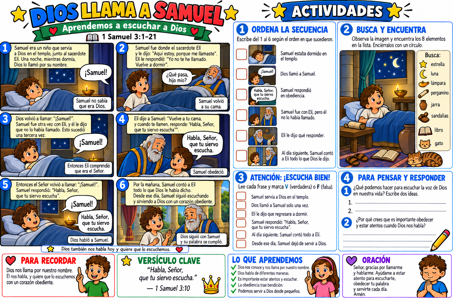 Historia bíblica ilustrada y actividades sobre el llamado de Samuel