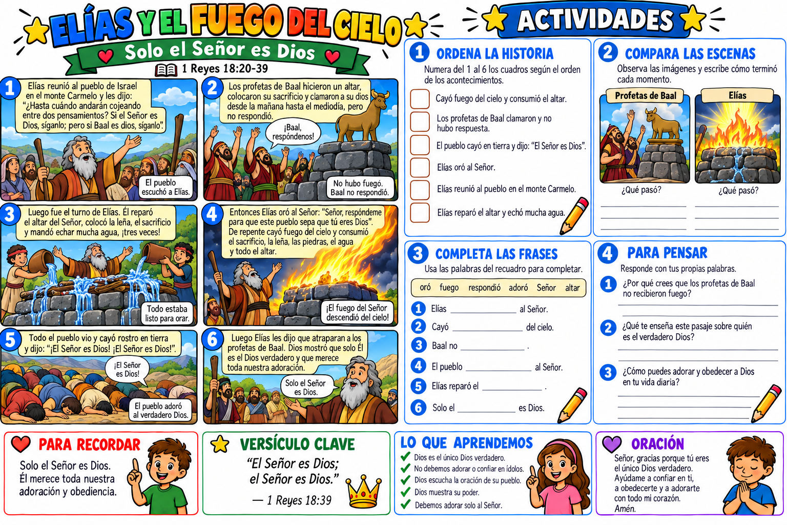 Historia bíblica ilustrada y actividades sobre Elías y el fuego del cielo