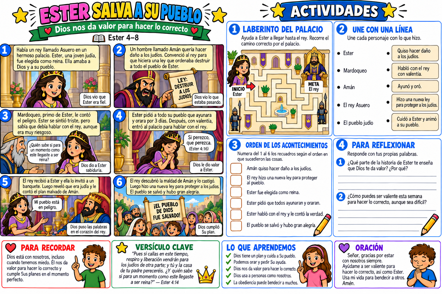 Historia bíblica ilustrada y actividades sobre Ester