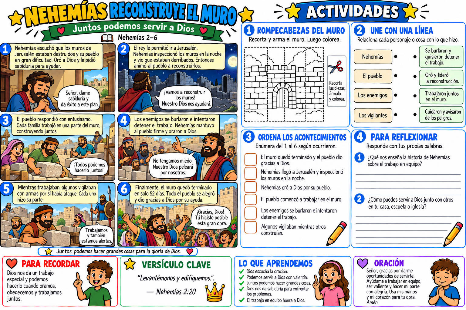 Historia bíblica ilustrada y actividades sobre Nehemías