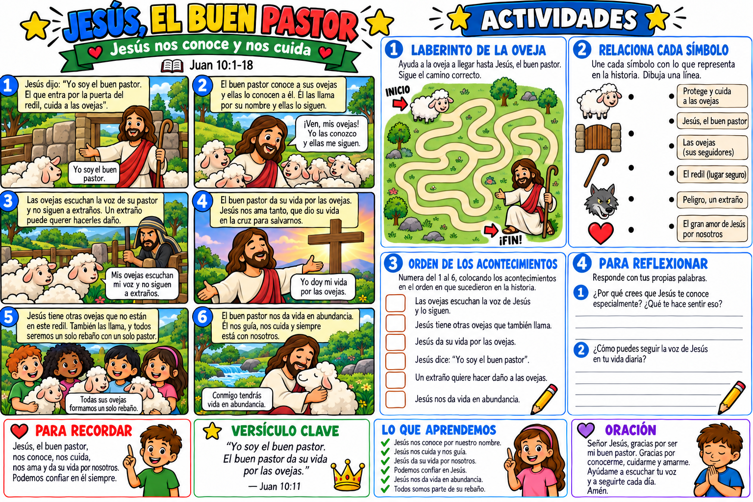 Historia bíblica ilustrada y actividades sobre Jesús, el Buen Pastor