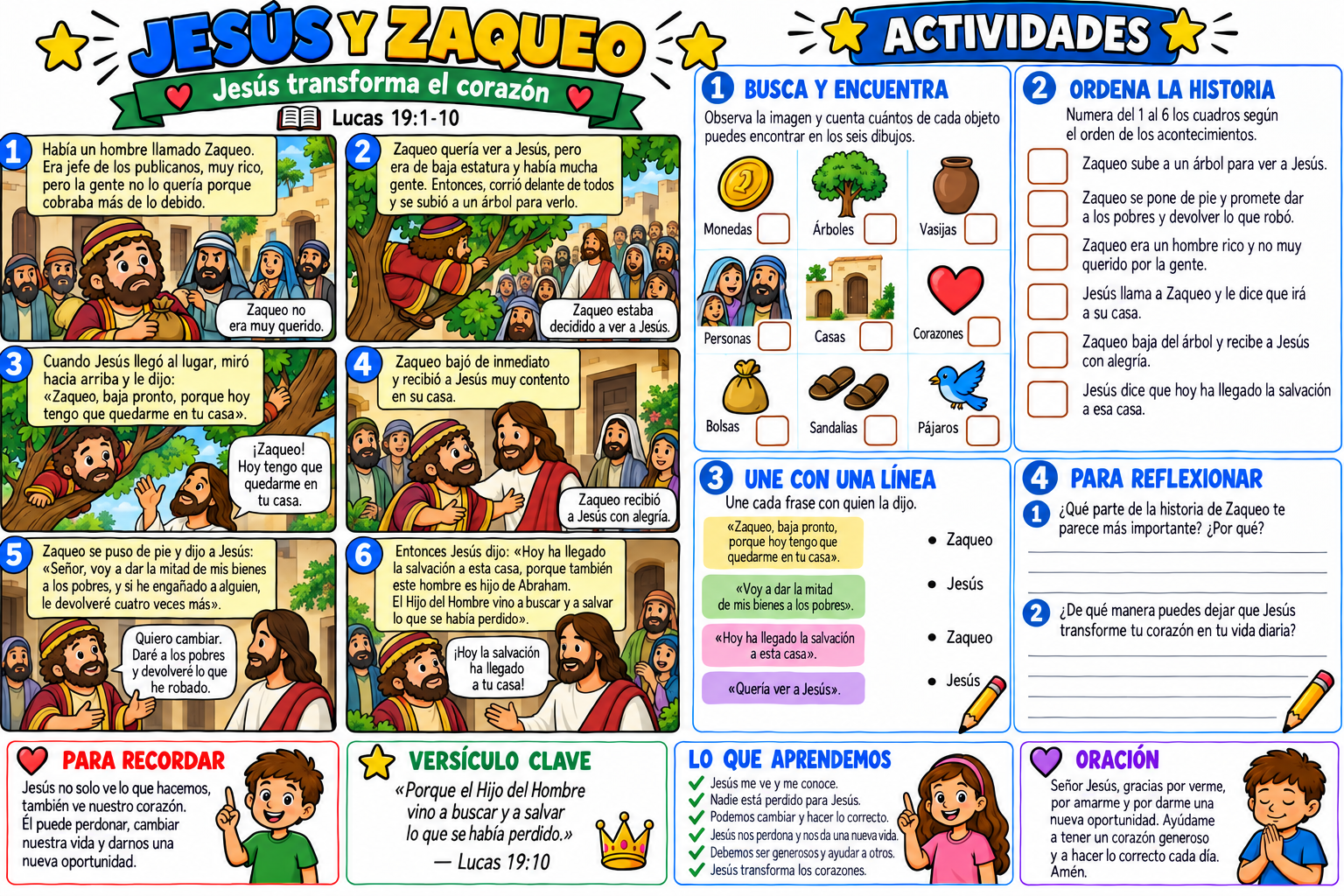 Historia bíblica ilustrada y actividades sobre Jesús y Zaqueo